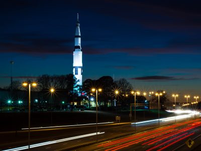 The view of The Space & Rocket Center in Huntsville, Alabama just after sunset.
